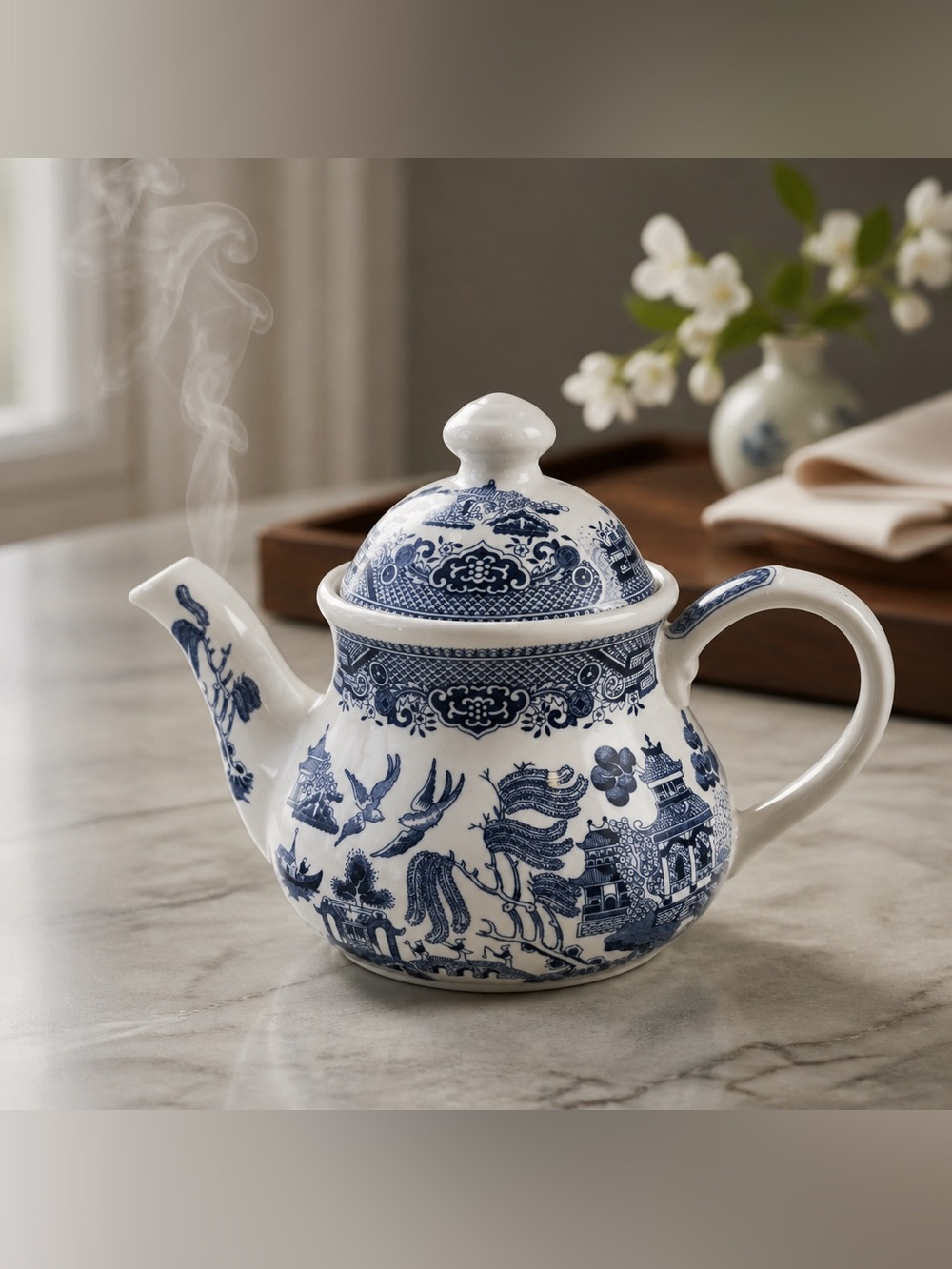 Blue and White Porcelain Teapot - Classic Willow Pattern